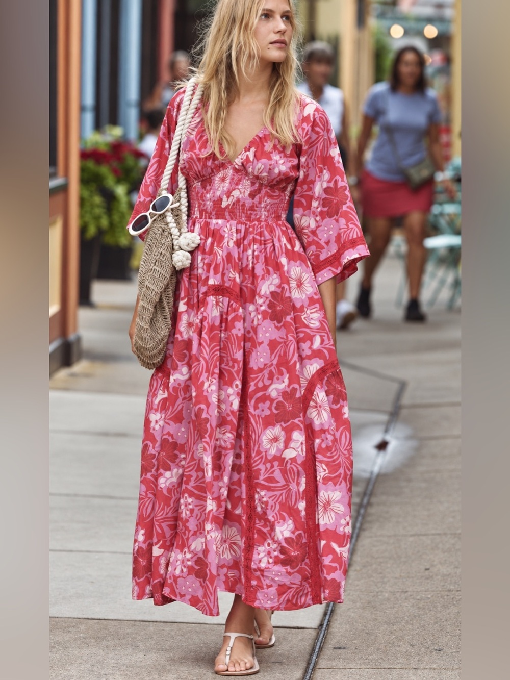 Free People $168 Printed Smocked Waist Maxi Dress Ruby Combo XS NWT